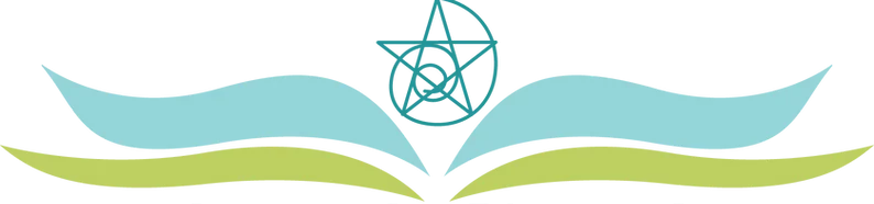 Stylized open book with teal and green curved elements and a star symbol above the spine