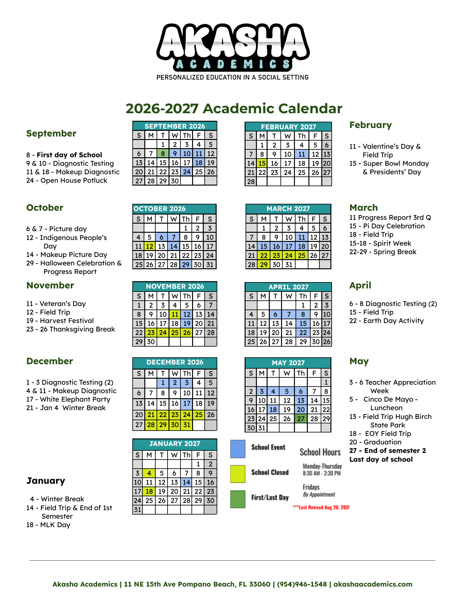 Akasha Academics 2026-2027 Academic Calendar