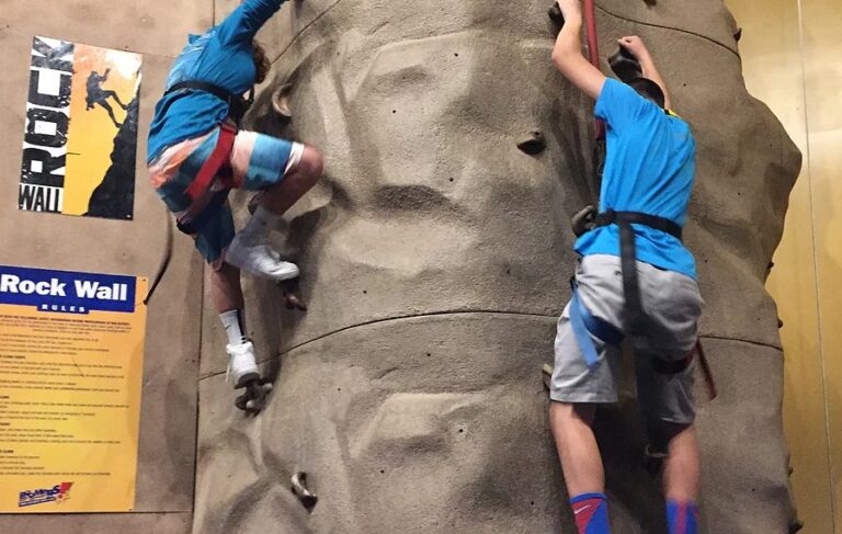 Two students in harnesses climb an indoor rock wall